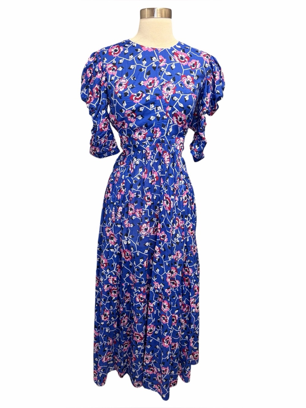 The Isabel Marant Floral Print Ruched Sleeve Maxi Dress blends romantic florals